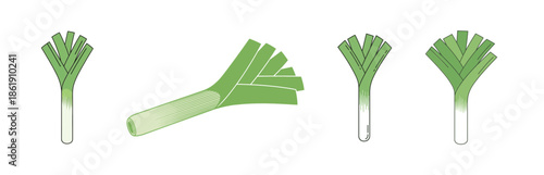 Three different artistic illustrations of leeks, showcasing their green leafy tops and white stalks in various orientations