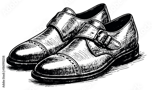 Hand drawn line art illustration of a pair of monk strap shoes depicting formal menswear for elegant occasions