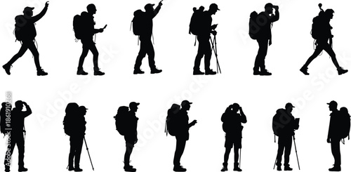 Hiking,backpacker,silhouettes,men,walking,with,backpacks,trekking,poles,outdoor,exploration,travel,adventure,nature,trail,hikers,vector,illustration,black,set