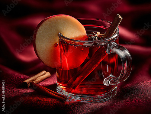 a clear glass mug filled with a red liquid, garnished with a slice of apple, an anise star, and a cinnamon stick. The background is solid dark red.