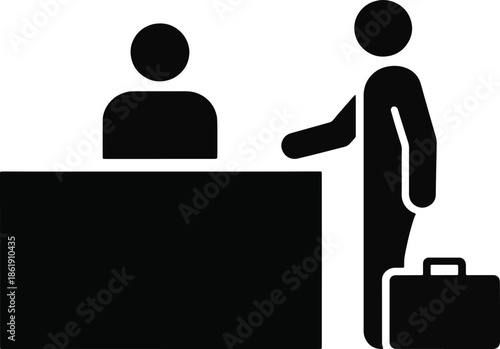 Receptionist desk icon with guest and luggage in minimalist solid style