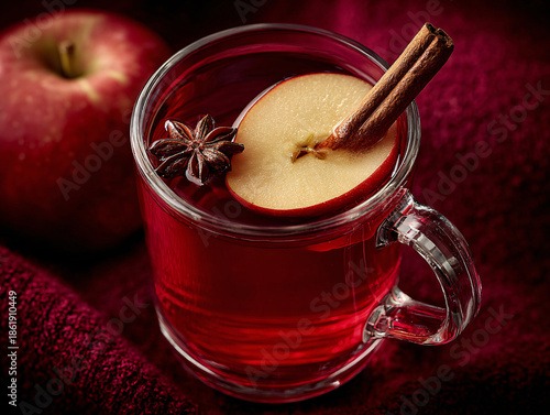 a clear glass mug filled with a red liquid, garnished with a slice of apple, an anise star, and a cinnamon stick. The background is solid dark red.