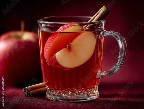 a clear glass mug filled with a red liquid, garnished with a slice of apple, an anise star, and a cinnamon stick. The background is solid dark red.