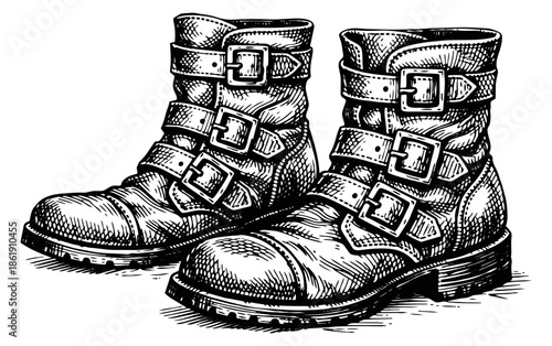 Hand drawn boots set featuring multiple buckles and straps for fashion design