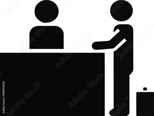 Receptionist desk icon with guest and luggage in minimalist solid style