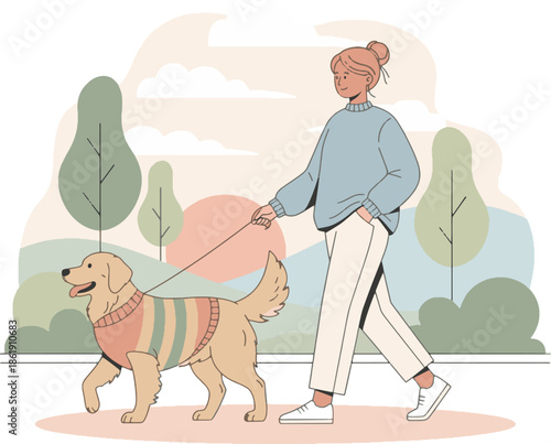 Young woman walking her golden retriever in a park at sunset flat vector illustration