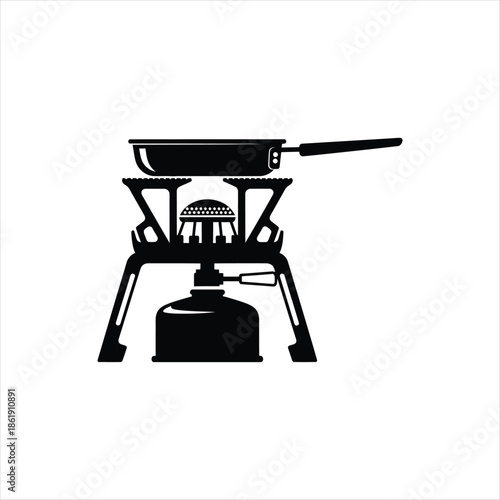 Black silhouette of a camping stove with a cooking pan on top