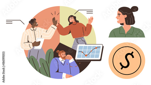 Diverse team members discuss strategies, analyze laptop charts, exchange ideas, and celebrate goals. Ideal for teamwork, productivity, finance, innovation, success motivation and leadership themes