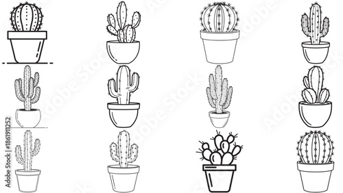Vector line art illustration of a minimalist potted cactus plant with spines, simple black outline sketch of a desert succulent in a ceramic pot for home decor and nature concepts