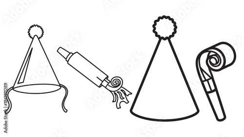 Simple line drawing of a festive party hat and a noise maker blower, black and white vector illustration for birthday celebration carnival and holiday event decorations
