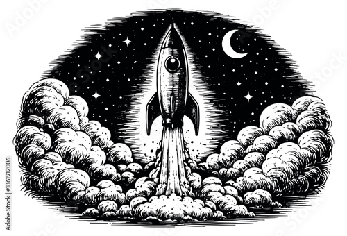 Hand drawn line art illustration of a rocket depicting blasting off into the night sky for startup and ambition concepts
