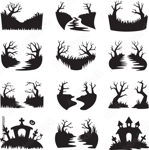 black silhouettes of trees and landscapes on white background