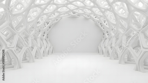 a futuristic architectural interior with a repeating cellular pattern forming an arched walkway and bright white aesthetic