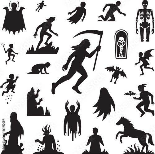 Halloween icons set with black silhouettes of monsters and creatures on white background