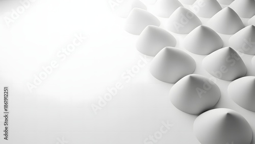A monochromatic abstract composition featuring a field of rounded cone shaped white forms with soft lighting