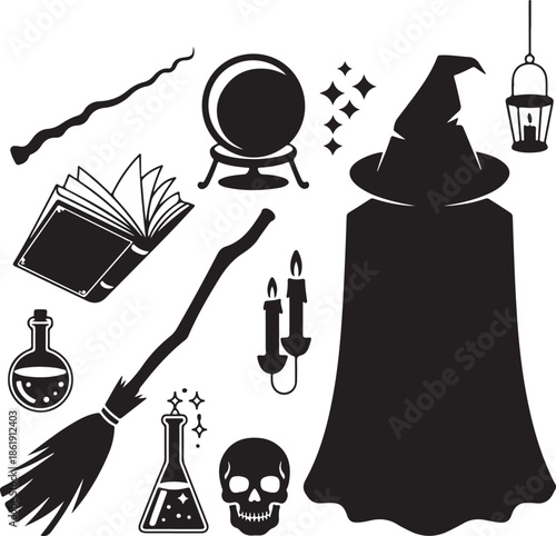 black silhouette of witchcraft and magic symbols and objects on white background