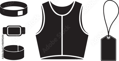 Sports vest and wearable accessories icon set with fitness belt, armband, ID tag and training equipment