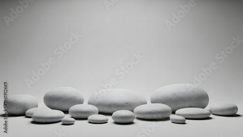 A serene arrangement of smooth grey stones in varying sizes against a minimalist softly lit background