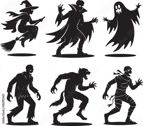 Halloween monster and character silhouettes on white background