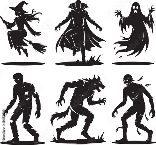 black silhouettes of Halloween characters on white background