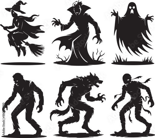 Black silhouettes of mythical Halloween monsters and creatures flying and walking  vampire witch mummy werewolf zombie ghost