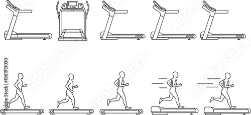 Fitness treadmill vector set, showing running machine angles and human jogging sequence for gym workout exercise illustration line art icons