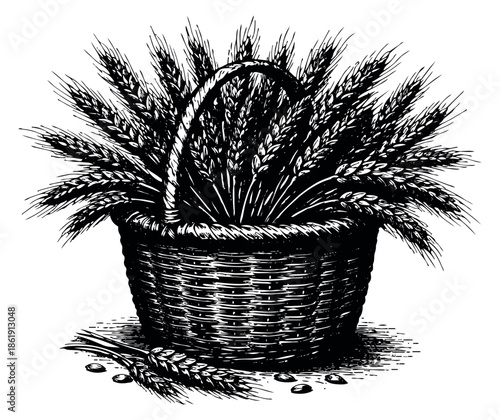 Hand drawn line art illustration of wheat in a basket depicting a bountiful harvest for agriculture and food design