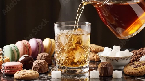 Wallpaper Mural Close-up of amber liquid being poured into a glass with ice. Treats surround Torontodigital.ca