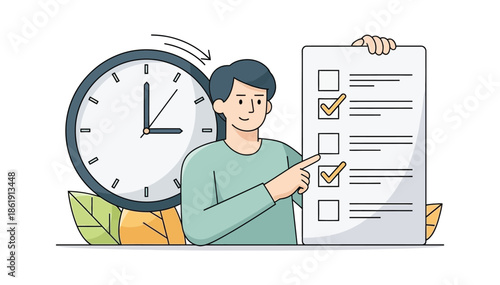 An illustration depicts a man pointing at a task checklist with two items checked, positioned next to a large clock.