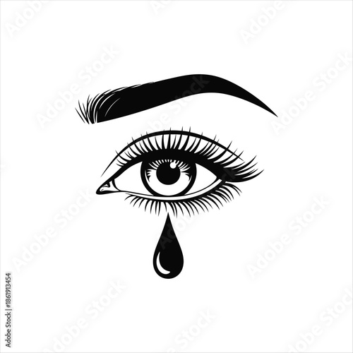 A solitary black silhouette of a crying eye with a single tear