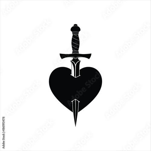 A striking black silhouette of a dagger piercing a heart design