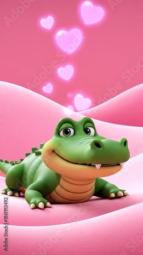 Wallpaper Mural A green cartoon alligator smiles, hearts float above it on a pink background Torontodigital.ca