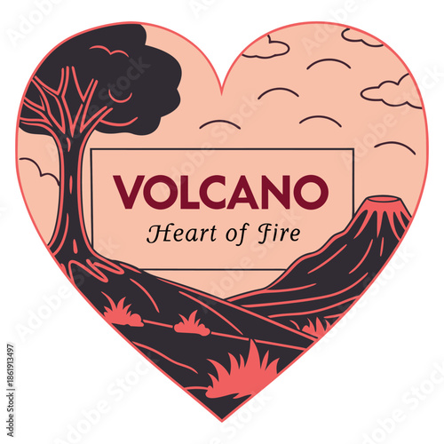 Stylized Nature Volcano Heart Badge Vector Illustration
