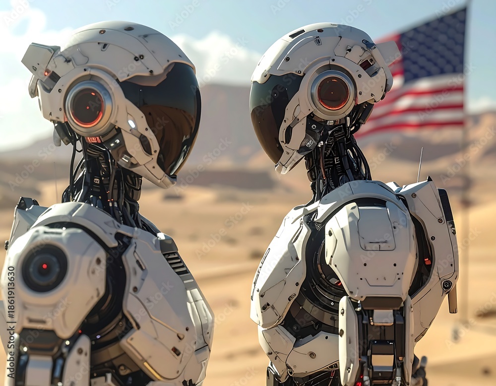 Fototapeta premium Two advanced robots with American flag in background, arid landscape