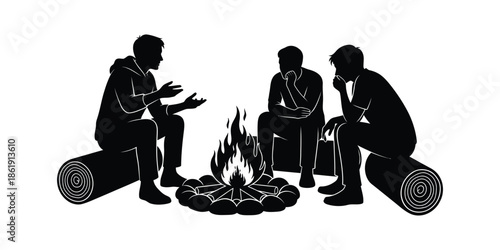 Silhouetted friends gather around a warm glowing campfire at night