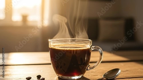 Wallpaper Mural Steaming Hot Coffee Cup on Wooden Table with Sunlight. Torontodigital.ca