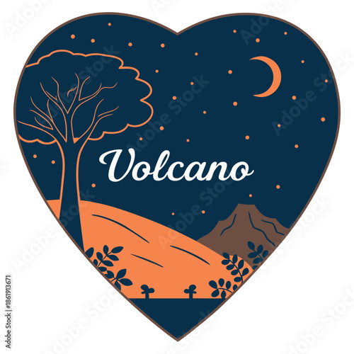 Night Sky Volcano Heart Badge with Moon Vector Illustration