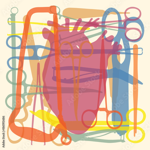 Vector colored banner with surgical instruments and a human heart on the topics of anatomy, surgery, and cardiology. Vintage background with medical sketches. No ai