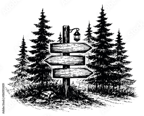 Hand drawn line art illustration of a wooden signpost in a forest depicting multiple directions and a lantern for outdoor adventures and exploration