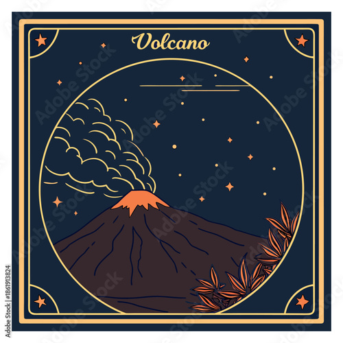 Vintage Night Volcano Badge with Stars and Smoke Vector Illustration