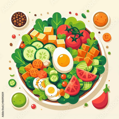 A vibrant salad with eggs cheese cubes tomatoes and cucumber slices arranged in a white bowl