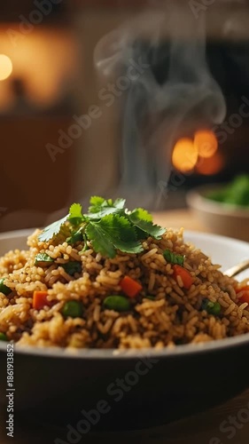 Wallpaper Mural Steaming rice dish with vegetables on a table near warm fireplace Torontodigital.ca