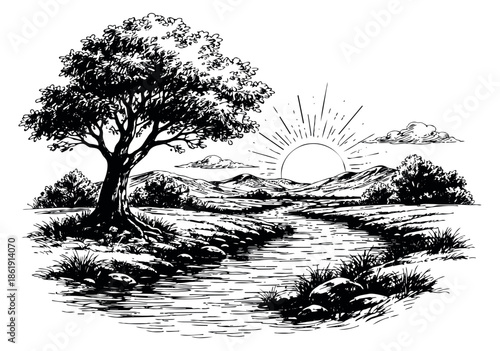 Hand drawn line art illustration of a natural landscape depicting a tree, river, mountains, and sunrise for outdoor scenes