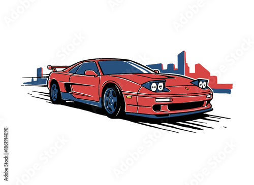 Retro Supercar Illustration.Vintage Sportscar Graphic.Red Classic Race Car Art.90s Speed Vector Design.Street Racer T-shirt Print