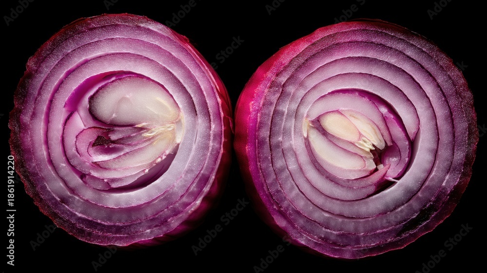 Obraz premium Close-up of freshly sliced red onions on black background revealing inner layers.