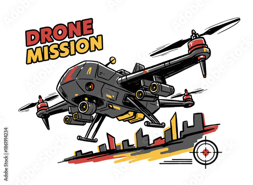 Drone Mission Vector Art.Surveillance Quadcopter Illustration.UAV Flying Over City Skyline.High Tech Multirotor Graphic.Air Patrol Mascot Design