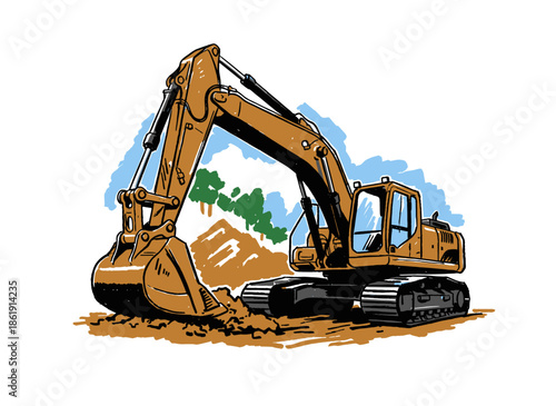 Heavy Duty Excavator Art.Digging Machine Illustration.Construction Vehicle Sketch.Hand Drawn Earth Mover.Retro Style Digger Graphic