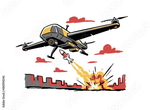 Combat Drone Attack.UAV Missile Strike.War Technology Illustration.Remote Military Operation.Exploding City Target