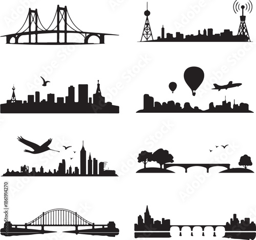 city skylines and bridges with transportation isolated on white background