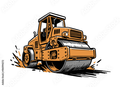 Road Roller Vector Art.Heavy Compactor Cartoon.Retro Roadwork Machine.Orange Steamroller Logo.Construction Vehicle Badge